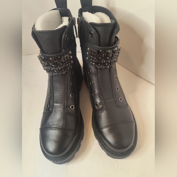 Karl Lagerfeld Maeva Leather Black Rhinestone Embellished Combat Boots 6.5 - Picture 2 of 10